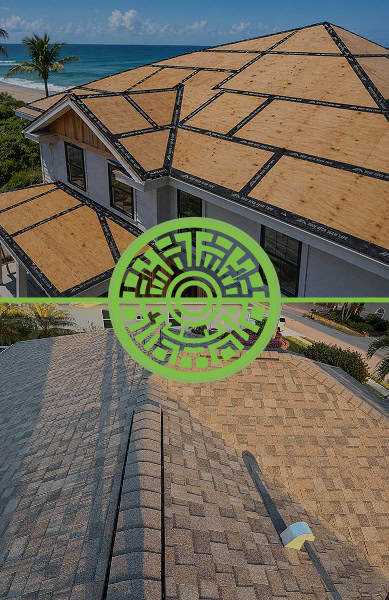 Two photos show a florida house roof: the top half has bare plywood, while the bottom half displays finished shingles. A green circular Pantheon Roofing logo overlays the center.
