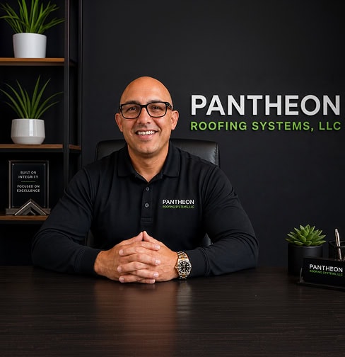 A man in a black Pantheon Roofing Systems shirt sits at a desk with plants and branded items, smiling at the camera.