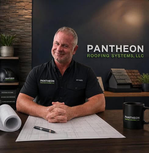 A man sits at a desk with architectural plans, wearing a shirt with “Pantheon Roofing Systems” logo; roofing samples and company signage are visible in the background.