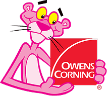 The Pink Panther cartoon character holds a red Owens Corning sign with the company logo, celebrating pantheon roofing expertise in Florida.